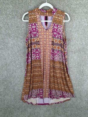 One world Live And Let Live High Neck Swing Dress Womens 1X Pink Yellow Stretch