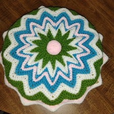 Beautiful Vintage Handmade Crocheted Throw Pillow. Pinwheel, Ruffle, Poms