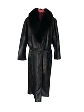 Vtg Nina Ricci Paris Leather Fur Collar Trench Long Glam Coat USA Sz XL