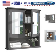 Grey Medicine Cabinet with Mirror, 2 Doors  3 Open Shelves - Wall Mounted Wo...