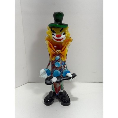 Vintage Murano Style Art Glass Clown Figurine Playing Mandolin Multi-Color 9.5''