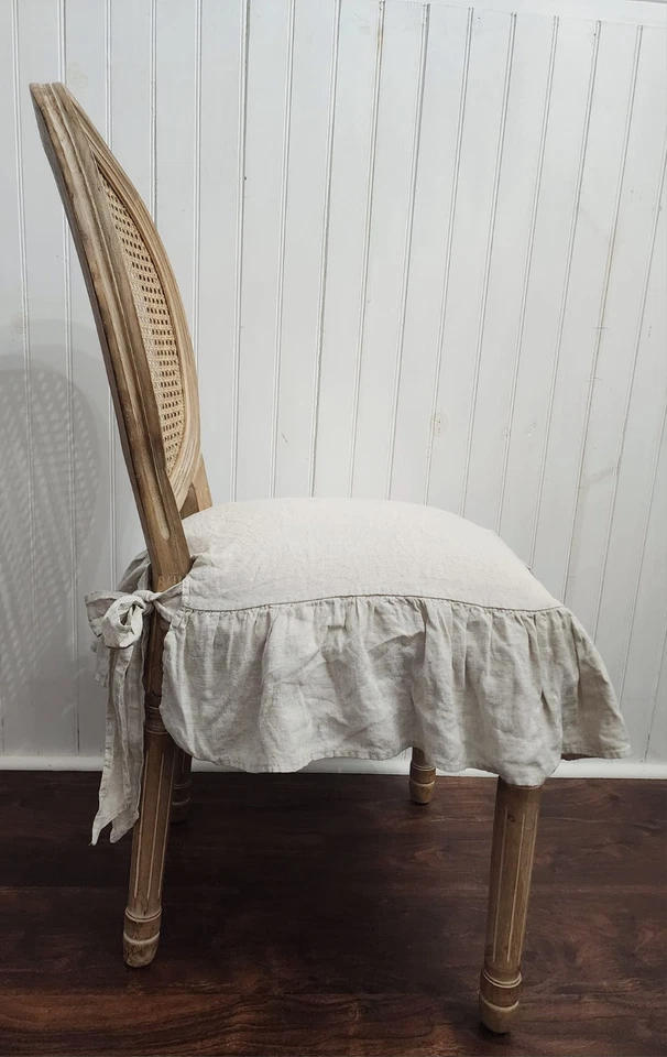 French Linen Chair Seat Slipcover with 4 sided Ruffle Natural Beige Large - Image 3 of 4