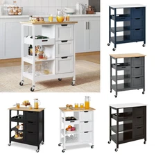Home Rolling Kitchen Trolley Cart 33" Tall Wood Storage Drawers Stand Shelves