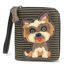 Chala Zip Faux Leather Credit Card Wallet Wristlet - Yorkie, Olive Stripe NWT