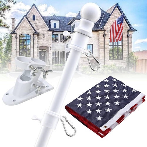 5Ft Flag Pole Kit – Tangle-Free with 3x5 US Flag & Bracket – Outdoor White - Picture 8 of 12