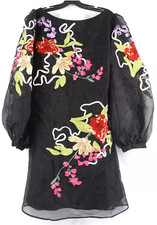 ASOS Edition Curve Organza Long Sleeve Embroidered Tie Back Mini Dress Black 14