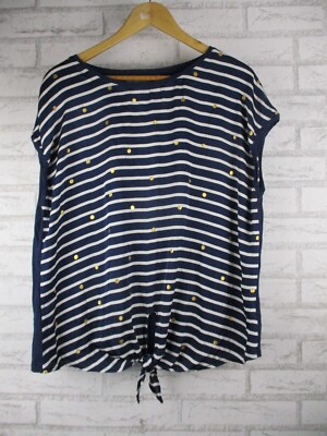 Katies womens top blouse bnwt L blue white stripe gold dot cap sleeve