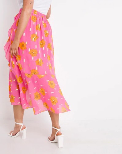 Pink and Orange Floral Print Tie Waist Frill Midi Skirt with Gold Foil - Picture 3 of 3