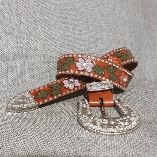 Hand Tooled Leather Belt 3-D Rhinestone Bling Buckle Painted Floral Size 34 - Picture 8 of 17