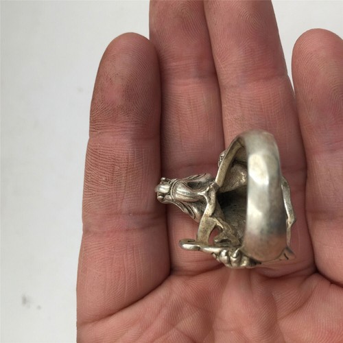 China OLD antique 23mm Tibetan silver handmade 3D dragon Unicorn Kylin ring - Picture 6 of 6