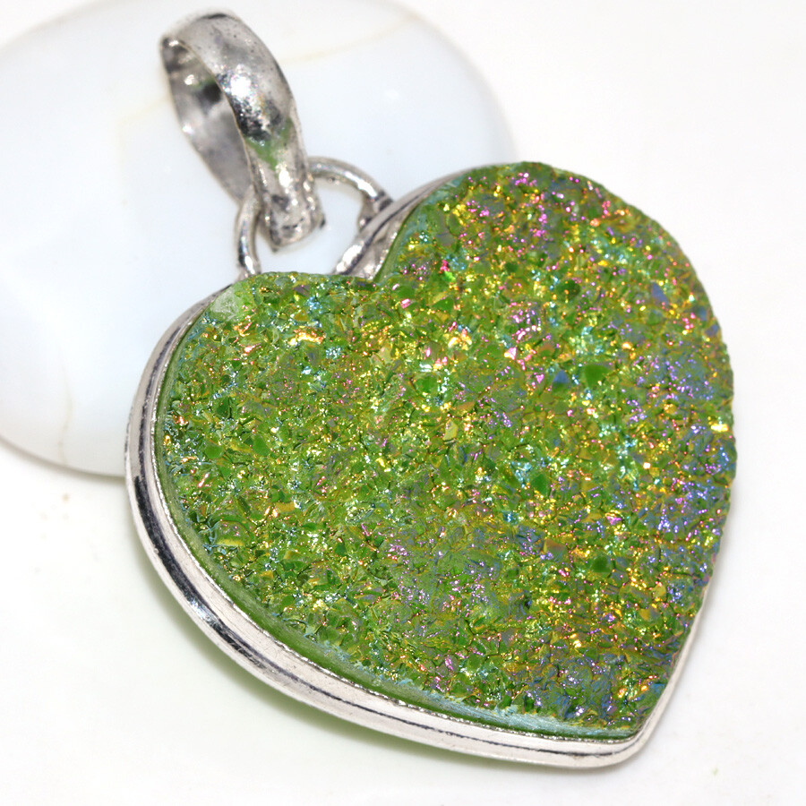 Green Titanium Druzy 925 Silver Plated Heart Pendant 1.7
