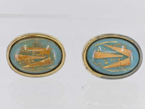 VINTAGE 60's MODERNIST HICKOK USA CONFETTI GOLD FLECK LUCITE GOLD TONE CUFFLINKS - Picture 17 of 19
