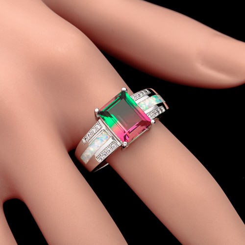 Anillo Joyería Plata Ópalo de Fuego Blanco Turmalina Simulada Sandía 8x10 7 8 9 - Imagen 22 de 24