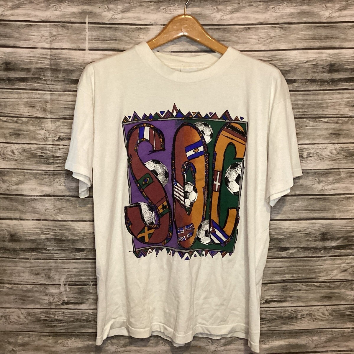 Vintage Soccer Shirt Mens Large White Graphic Tee AOP CYRK  