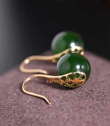 gorgeous 8mm real green round jade dangle Hook earrings 14k women earrin - Picture 2 of 6