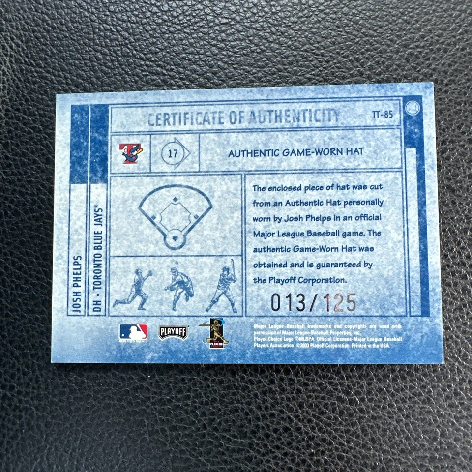 2003 Playoff Absolute Tools of the Trade Josh Phelps #TT-85 sombrero usado en juegos/125 Foto 3 de 4