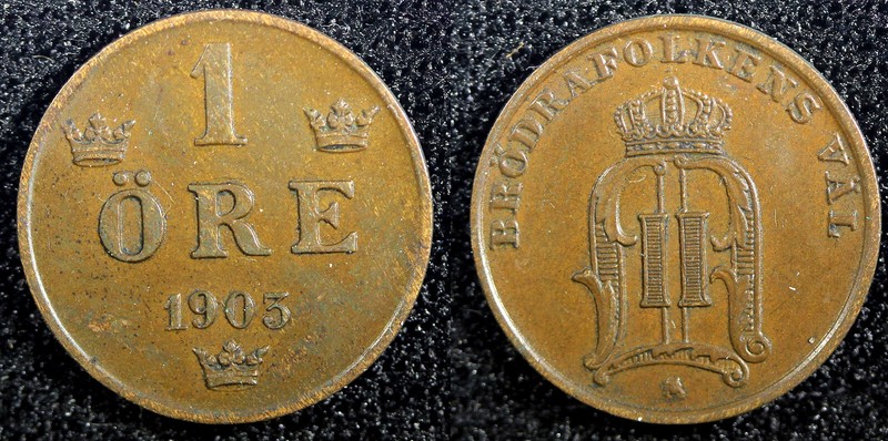 Sweden Oscar II Bronze 1903 1 Öre  Large letters aUNC KM# 750  (23 156)