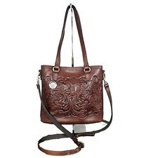 Patricia Nash Tessali Tooled Leather Tote Crossbody Brown 10th Anniversary Bag