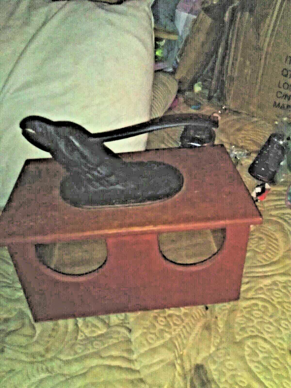 VINTAGE ANTIQUE BLACK CAST IRON EAGLE HEAD NUT CRACKER ON NUT STORAGE BOX