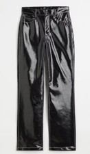 NWT Womens H M Faux Leather Straight Pants Black W/ White Seams Night Out Casual