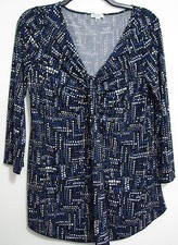 Nine West Large Front Ruching 3/4 Sleeve Tunic Top V Neck Polka Dots Geometric