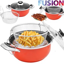 Non Stick Chip Pan Set Fryer Deep Fat Frying Basket Pot With Glass Lid 24 Cm