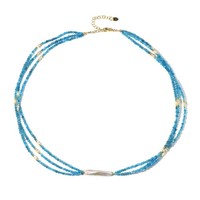 Cavill Apatit Kette Damen 925 Silber Vergoldet Mehrreihig Blau Weiß Perlen