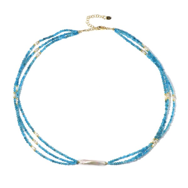 Cavill Apatit Kette Damen 925 Silber Vergoldet Mehrreihig Blau Weiß Perlen-image