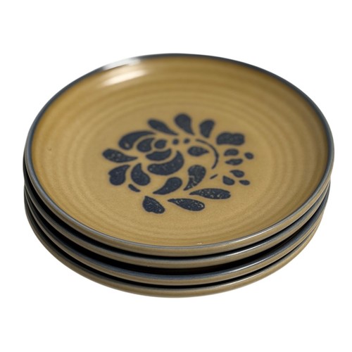 VTG Pfaltzgraff Folk Art Salad Plates Tan Blue Floral Stoneware Set of 4