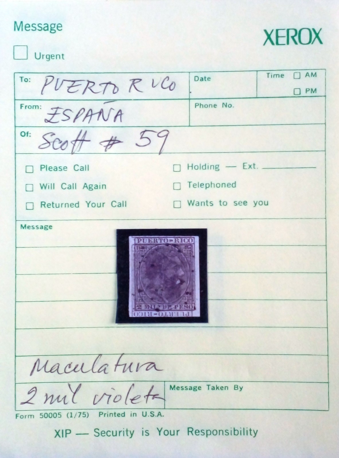 PUERTO RICO SCOTT #59 IMPERFORATED  STAMP MACULATURA PRINTERS WASTE