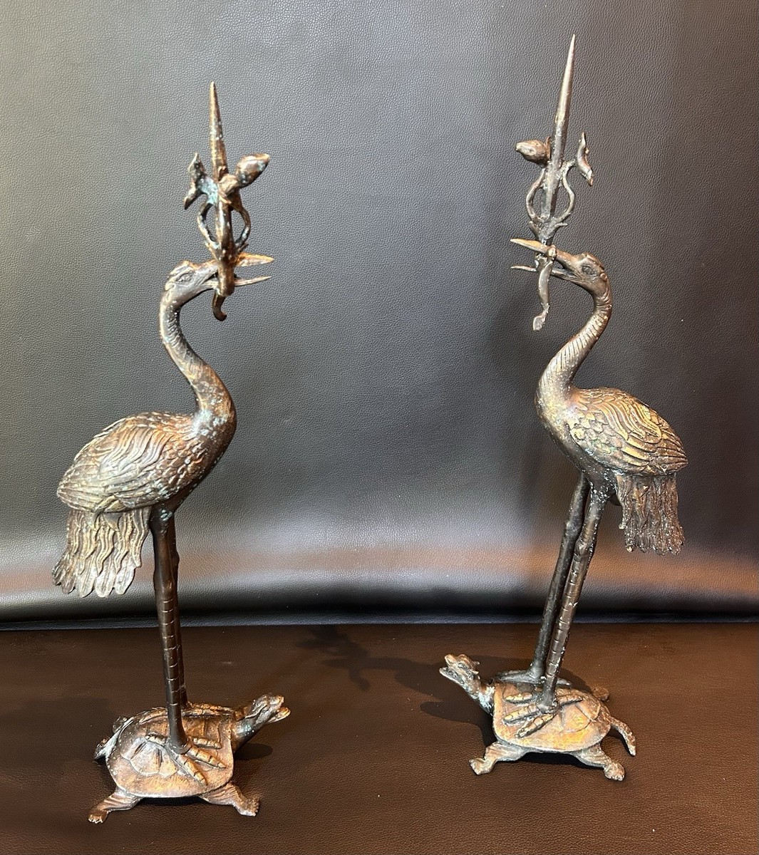 2) Antique/Vintage Brass? Crane Heron Standing On Turtle Candle