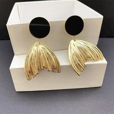 Gold Fish Tail Dangle Earrings Black Round Stud Statement Jewelry