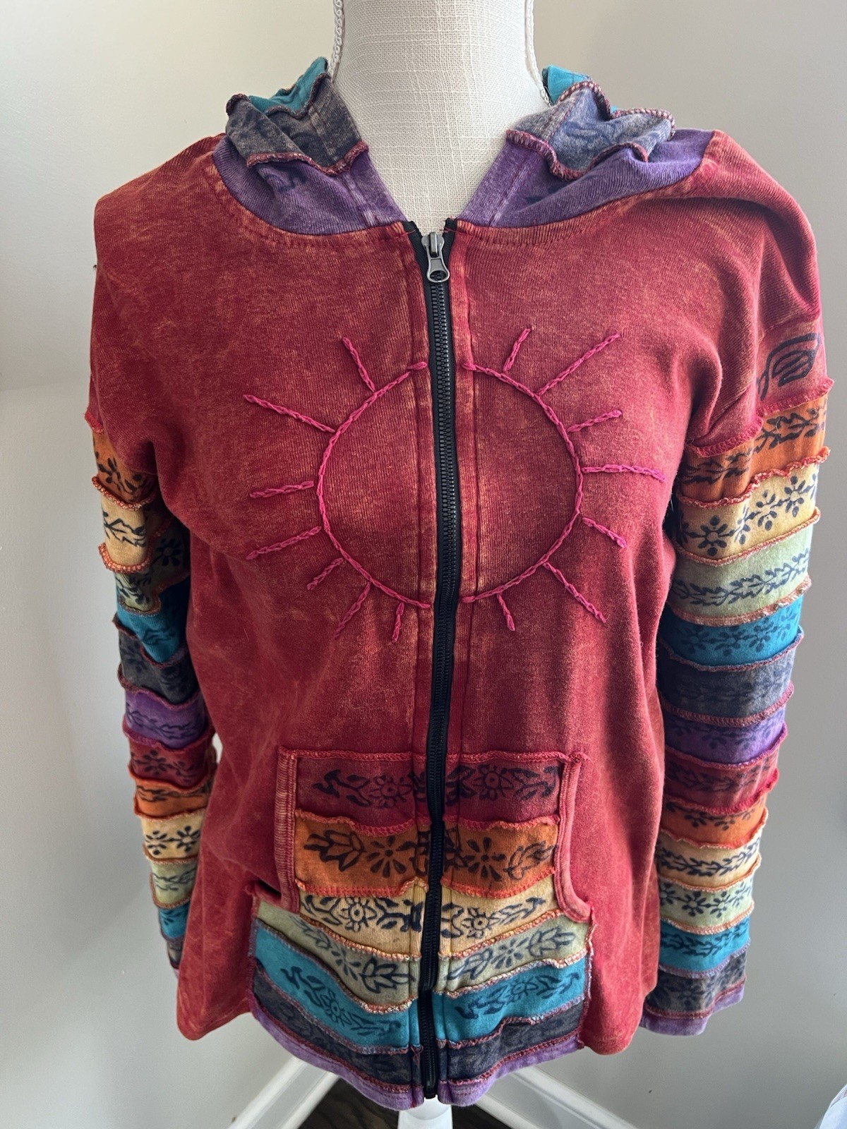 Boho Patchwork Sun Embroidered Zip-Up Hoodie | Ma… - image 1
