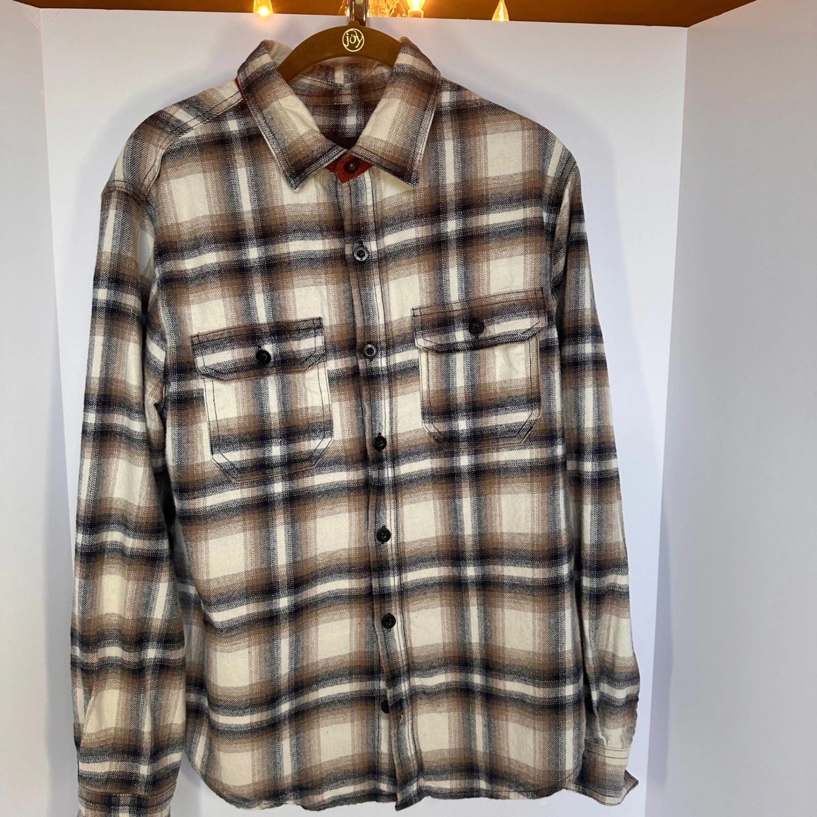 Mens Brown Plaid Flannel Button Down Shirt Long Sleeve Casual