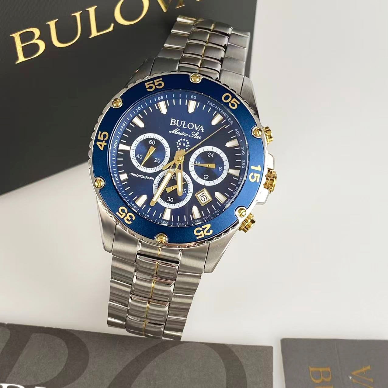 New Bulova 41.5 mm Marine Star Blue Dial Men's Chronograph Quartz Watch 98B400