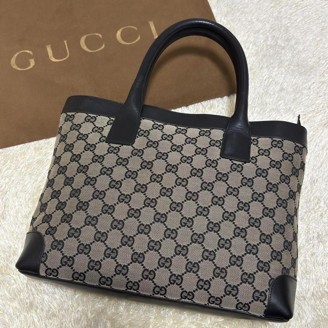 Excellent Condition GUCCI GG Canvas Leather Tote Bag Black From Japan
