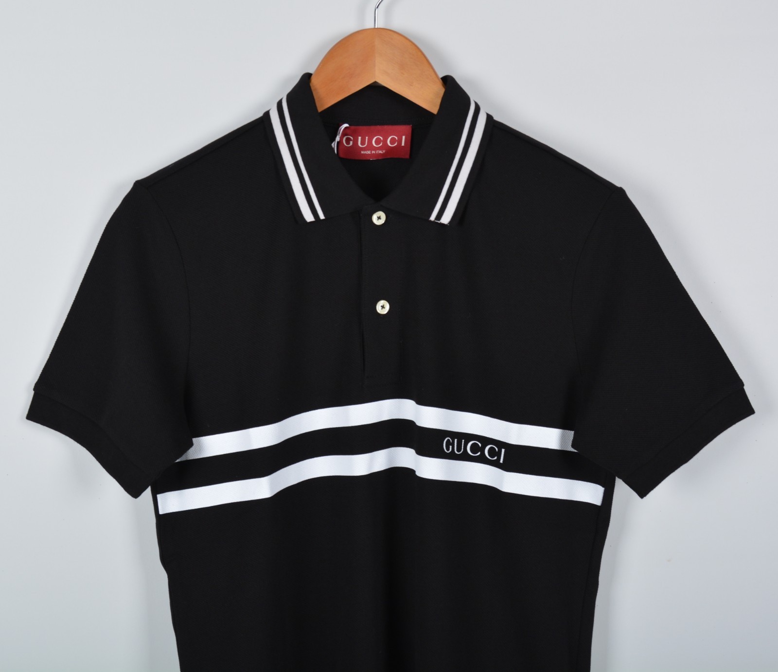 Men's Gucci Black Polo Shirt with White Stripe Detail – Size Medium