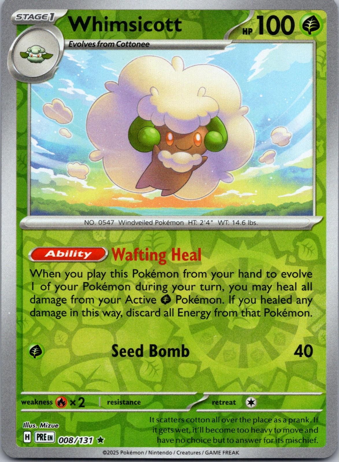 Whimsicott 008/131 R Prismatic Evolutions Pokemon Reverse Holo Near Mint