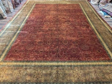 Indian Agra Rug 10x14, Fine 200 KPSI, Rust Red and Olive Green, Handmade