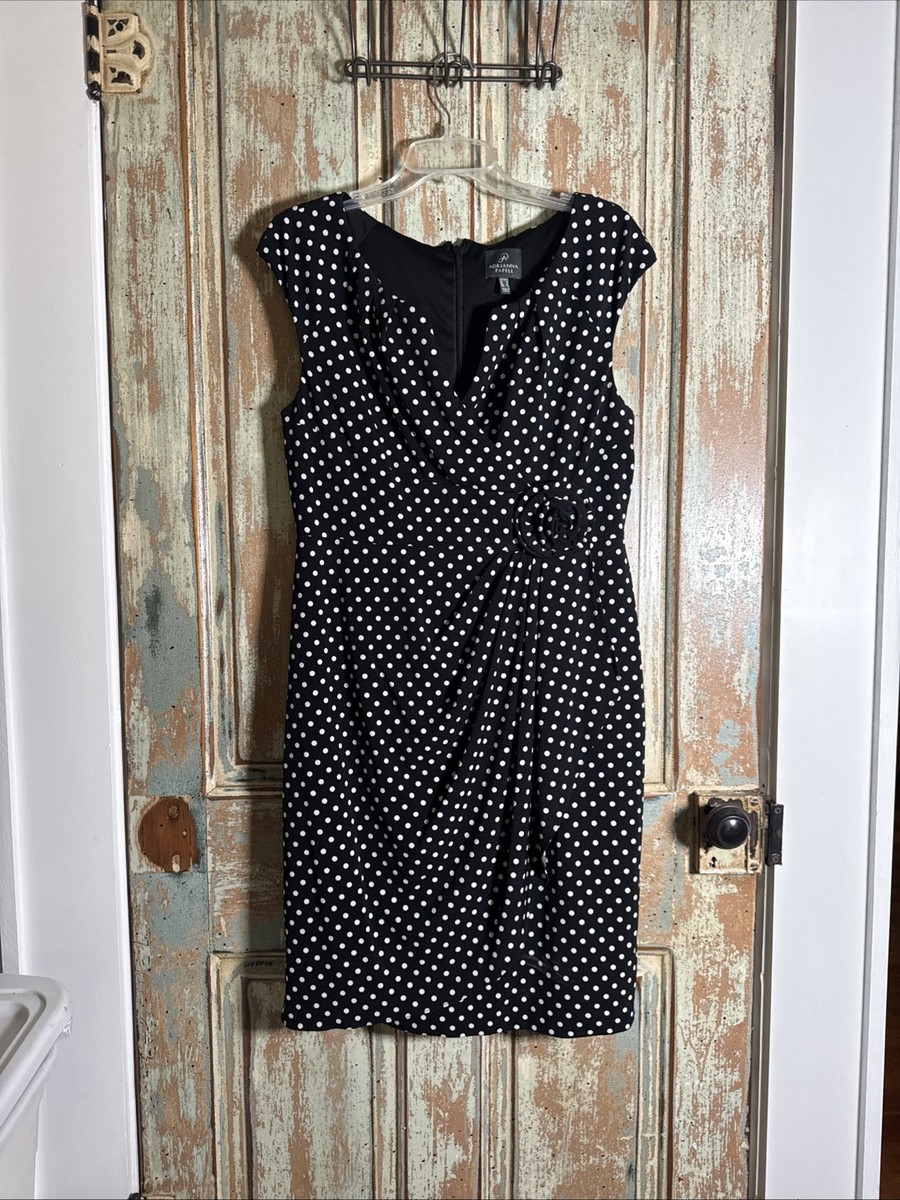 Adrianna Papell Womens Black/white Polka Dots Dress Rosette Accent Size 14