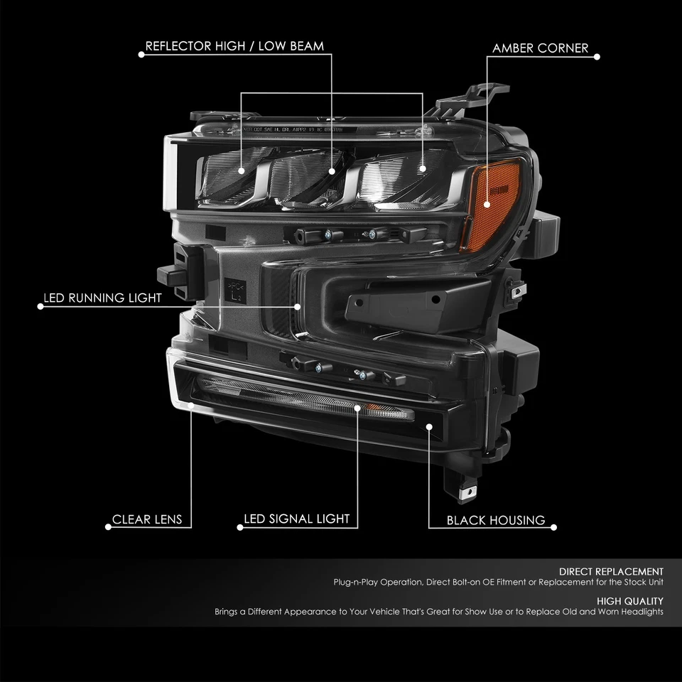 Faro proyector LED izquierdo conductor ámbar negro Fit 19-22 Chevy Silverado 1500 Foto 2 de 4