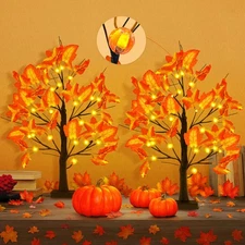 , Artificial Maple Trees with Lights - 24 Inch, Pack of 2 | 48 LED, Lighted M...