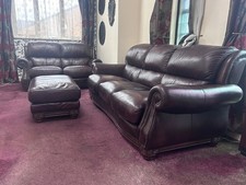 Magnificent Pair of Dark Brown Leather Sofas 2 & 3 Seater Footstool Traditional