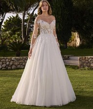 Designer Lace Wedding Dress Bridal Gown 32-60 Long Sleeve Buttons Off Shoulder Heart