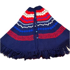 Vintage BLUE RED WHITE Tribal Festival Poncho KNIT Cape Fringe end Sweater 70s