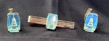 Japan Fine Silver Cufflinks  Tie Clip Set: Pagoda Reverse Carved Opaline Glass