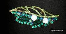 Blue & Green Crystal Gold Tone Peacock Feathers Jewelry Corsage Pin / Brooch!