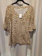 Cato Bell Sleeve Animal Print Tan Blouse XL With Pearl Embellishments NWT
