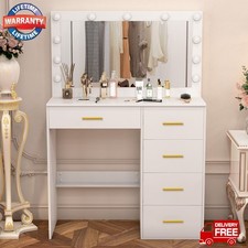 Dressing Table with Large LED Mirror Dimmable and Gold Pull Makeup Vanity Desk