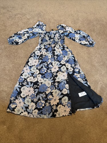 J.Crew 100% Linen Daydream Midi Dress XS Zinnia Floral Blue Puff Sleeve Smocked